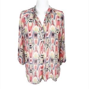 BB Dakota Blouse Women Medium Pink Peacock Feather Sheer Henley Long Sleeve Top